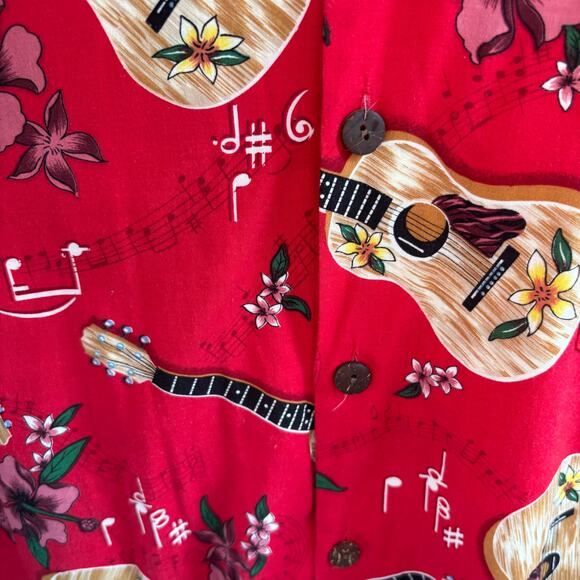 Hilo Hattie Men's Hawaiian Shirt Red Hibiscus Guitars Size Large - Picture 5 of 6